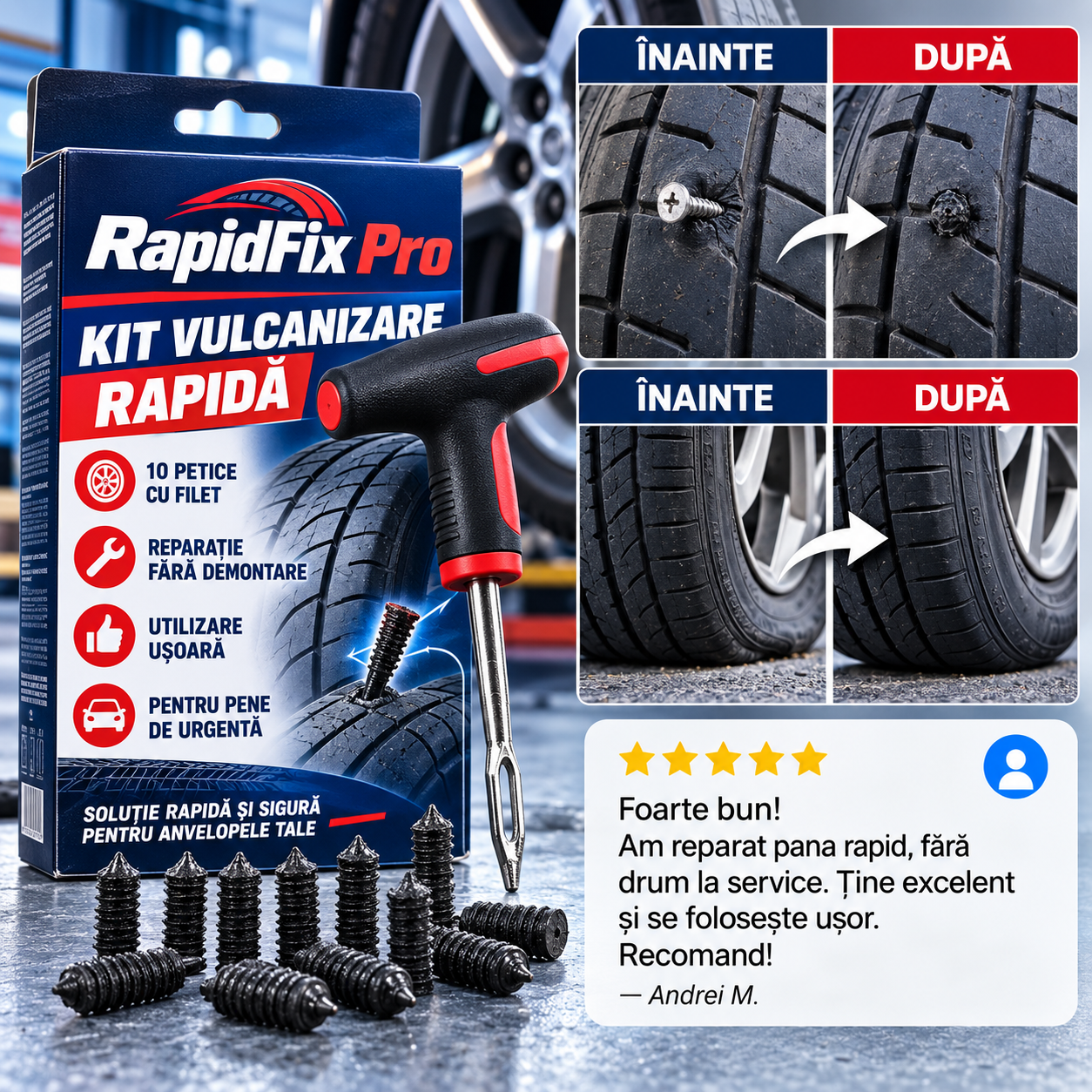 RapidFix Pro – Kit Vulcanizare cu 10 Petice Filetate