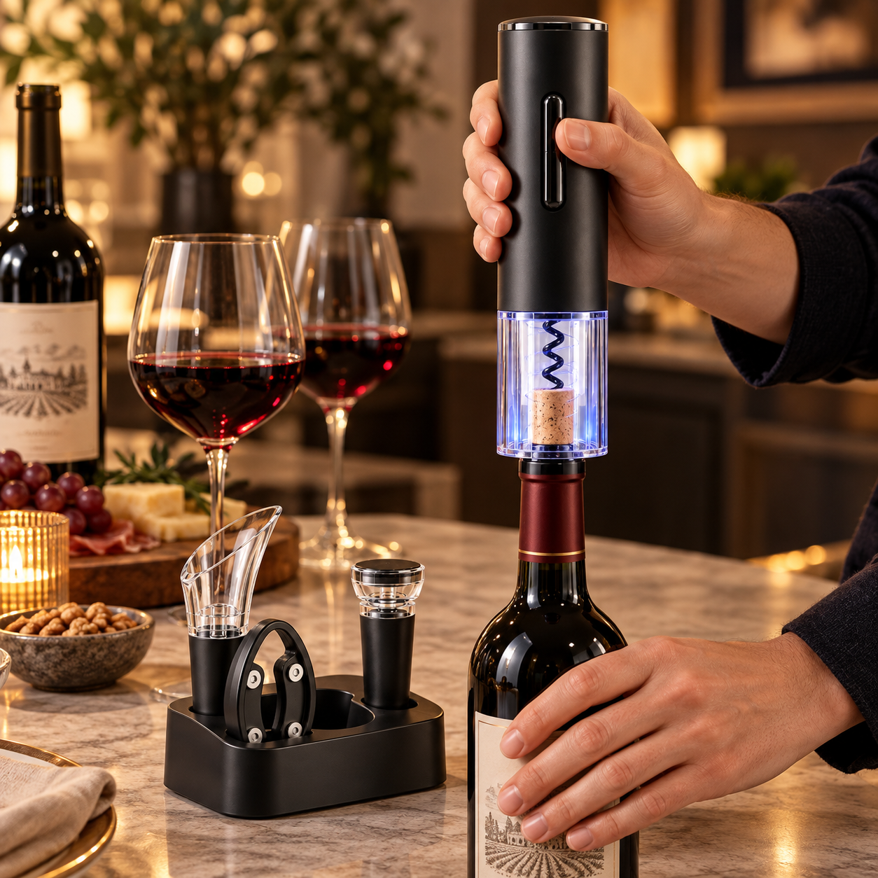Tirbuson Electric + tăietor de folie, turnător cu aerator, dop de vid