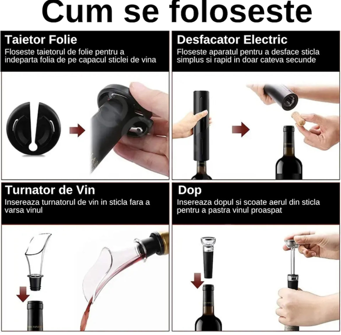 Tirbuson Electric + tăietor de folie, turnător cu aerator, dop de vid