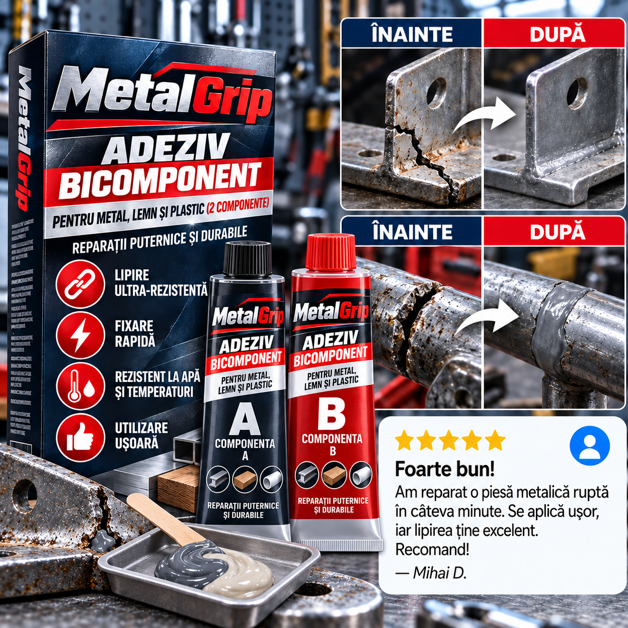 MetalGrip – Adeziv Bicomponent Ultra-Rezistent, Set 2 Componente pentru Metal, Lemn și Plastic