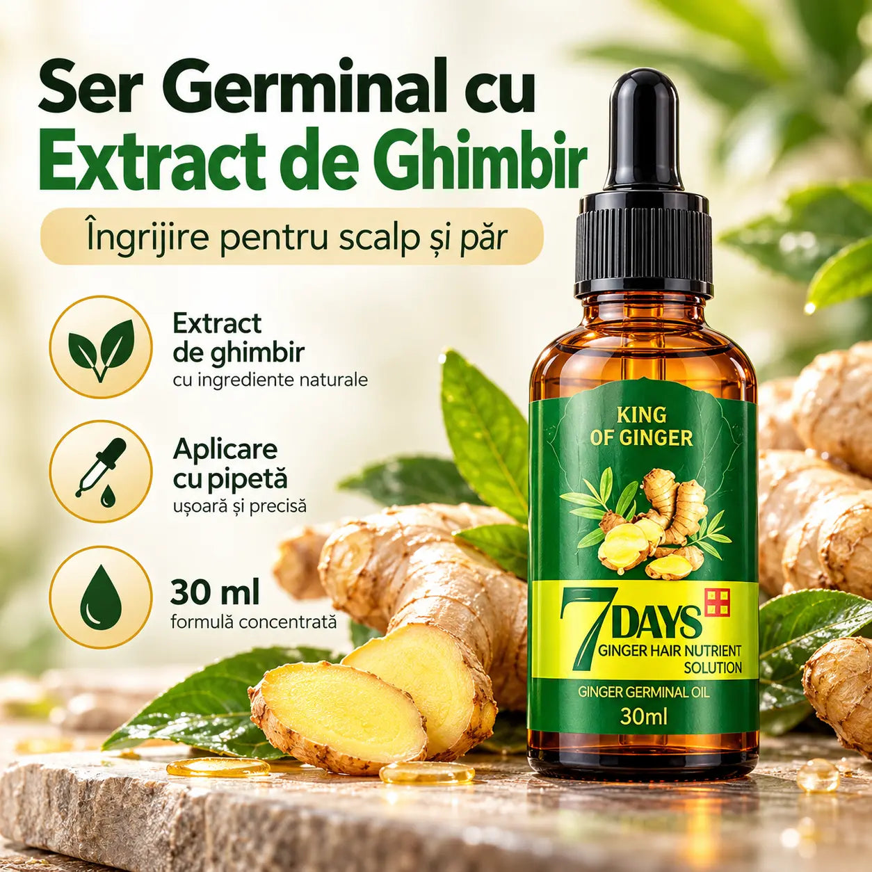 GingerGlow – Ser Fortifiant cu Extract de Ghimbir pentru Scalp și Păr Dens