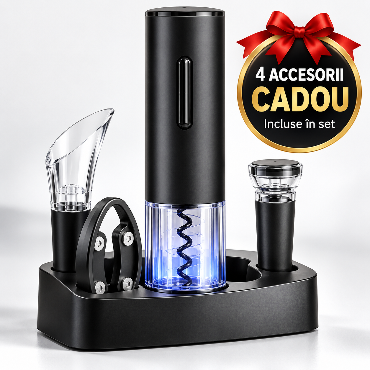 Tirbuson Electric + tăietor de folie, turnător cu aerator, dop de vid