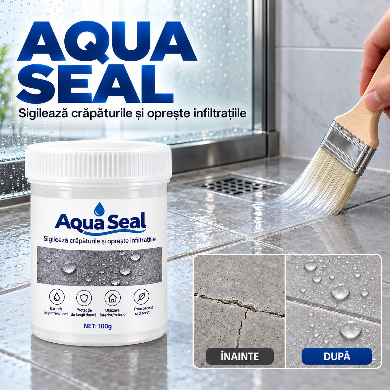 AquaSeal™ – Adeziv Etanșant Impermeabil Transparent, Uscare Rapidă, pentru Acoperiș, Terasă și Baie