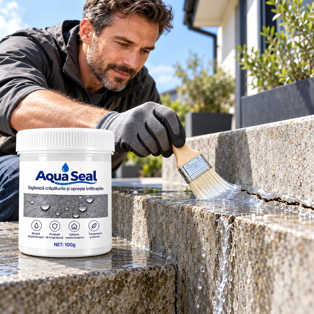 AquaSeal™ – Adeziv Etanșant Impermeabil Transparent, Uscare Rapidă, pentru Acoperiș, Terasă și Baie