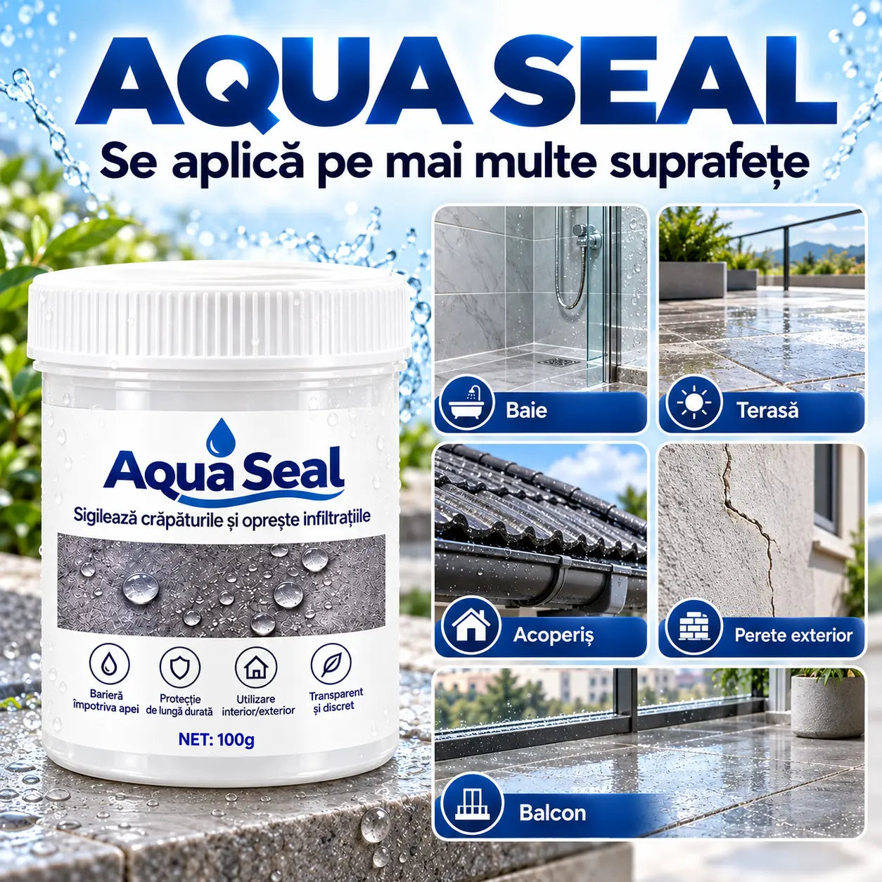 AquaSeal™ – Adeziv Etanșant Impermeabil Transparent, Uscare Rapidă, pentru Acoperiș, Terasă și Baie
